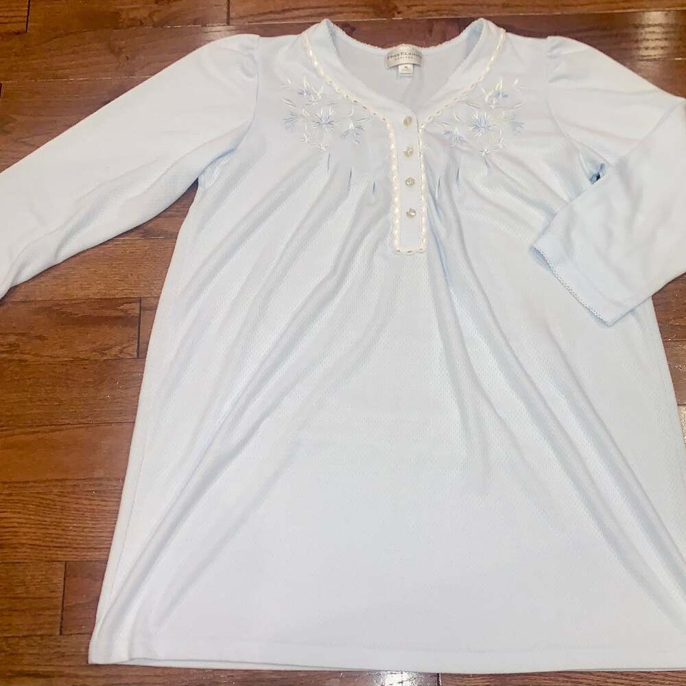 Miss Elaine Blue Cotton Embroidered Short‎ Nightgown PL Button Front Sleepwear
